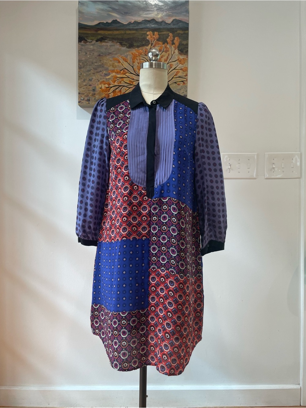 Moulinette Soeurs Patchwork Long-Sleeve Dress in Purple and Blue